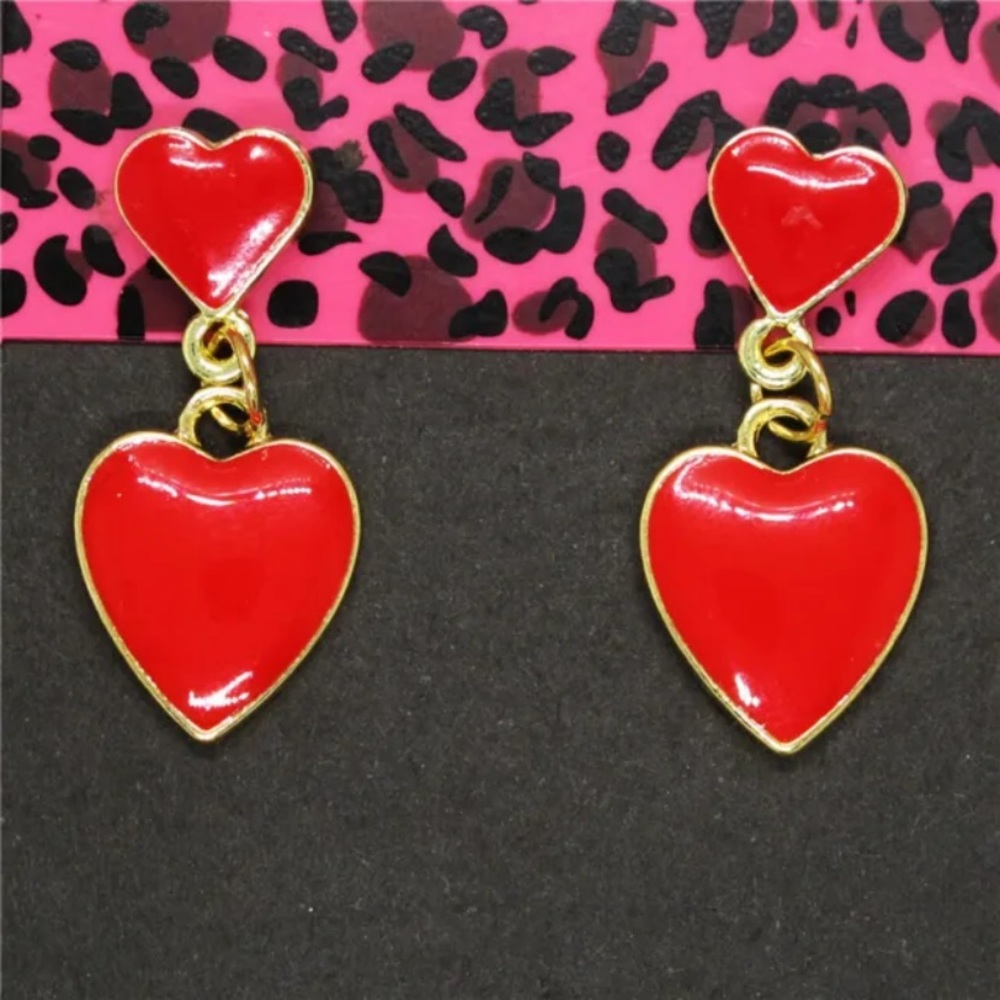Betsey Johnson gold tone Red Enamel double heart drop earrings NWT